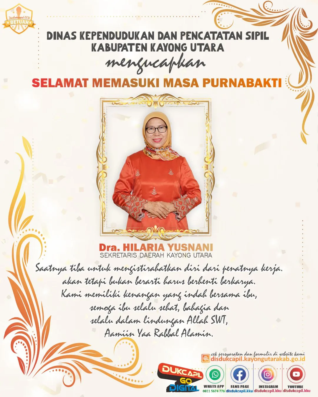 Selamat Memasuki Masa Purnabakti Dra. Hilaria Yusnani (Sekretaris Daerah Kabupaten Kayong Utara)