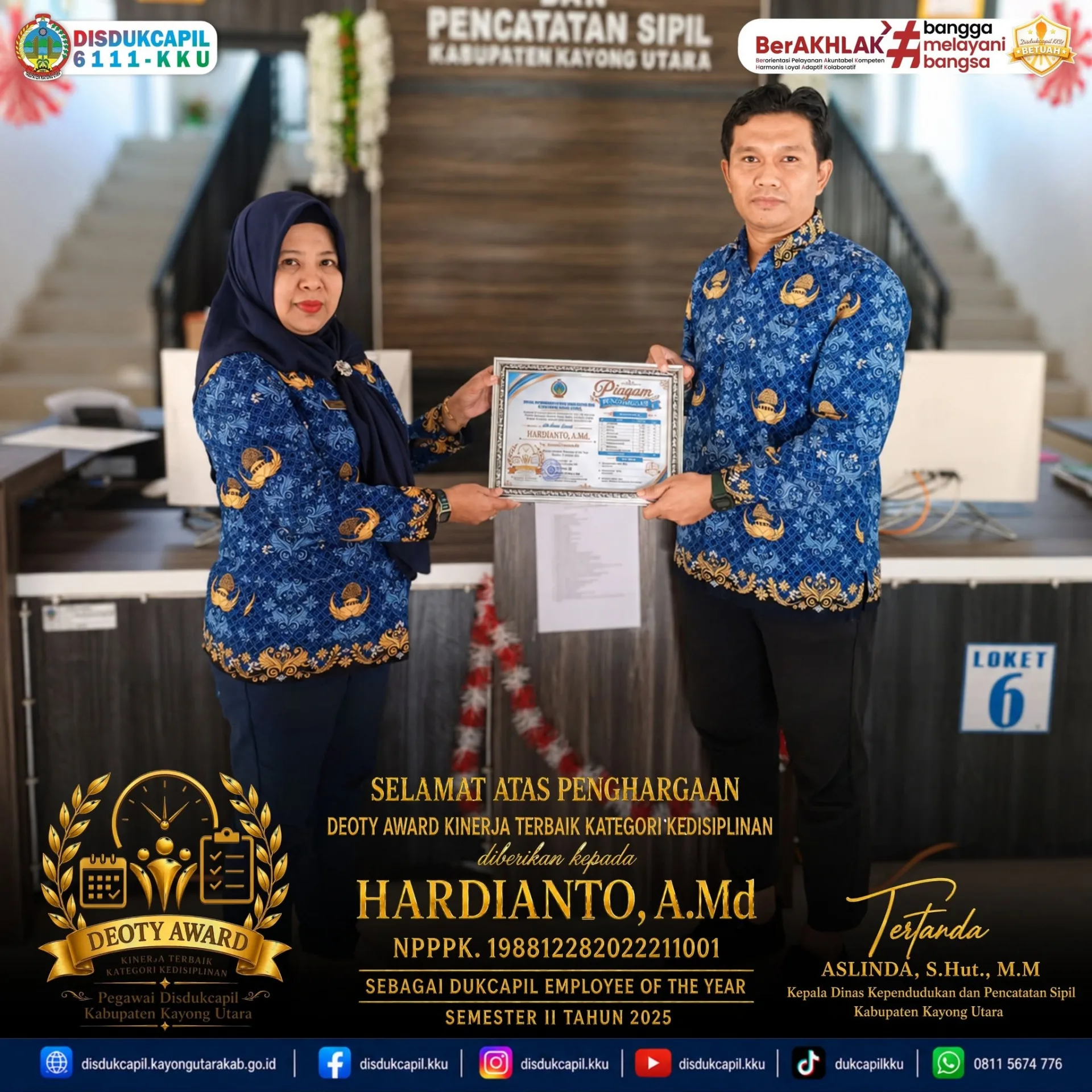 Kerja Keras Tak Pernah Sia-Sia — Hardianto Raih DEOTY Award Kategori Kedisiplinan Terbaik Semester II 2025 dari Disdukcapil Kayong Utara