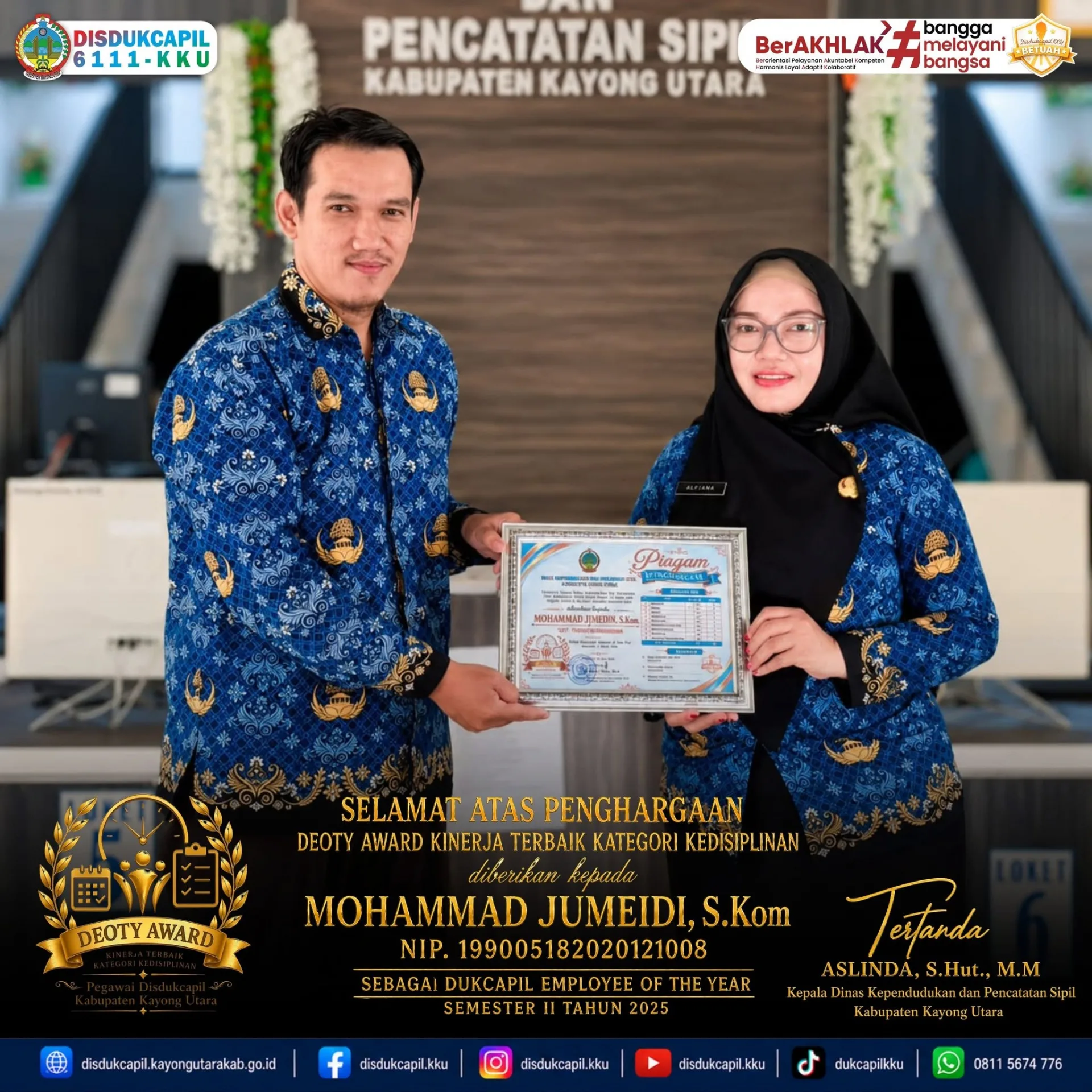 Mohammad Jumeidi Raih DEOTY Award Kategori Kedisiplinan Terbaik — Bukti Nyata Dedikasi di Balik Sistem Digital Disdukcapil Kayong Utara