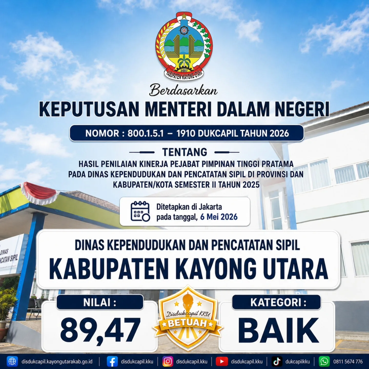Disdukcapil Kayong Utara Raih Nilai Kinerja 89,47 dari Kemendagri — Inovasi Digital dan Semangat Jemput Bola Jadi Kunci Keberhasilan