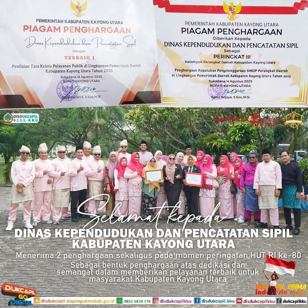 Dinas Dukcapil menerima 2 Penghargaan pada HUT RI ke-80